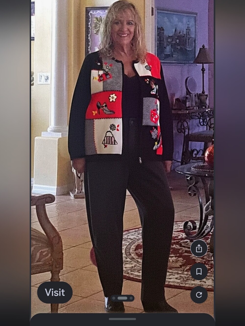 Holiday Cardigan Alfred Dunner zip red white&black beads holiday attire …